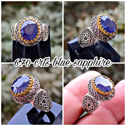 Blue Sapphire ring In vintage Style Pure Silver
