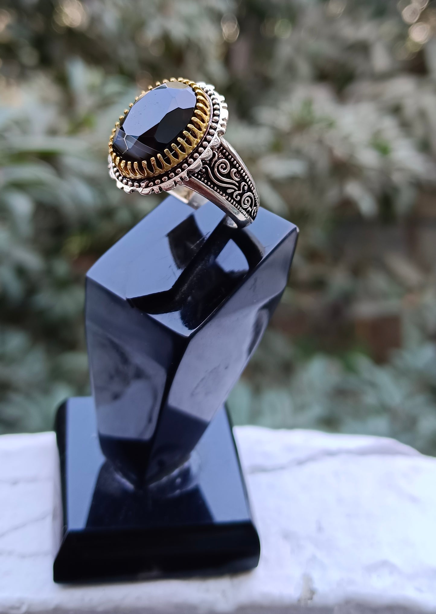 Black aqeeq ring In vintage Style Pure Silver