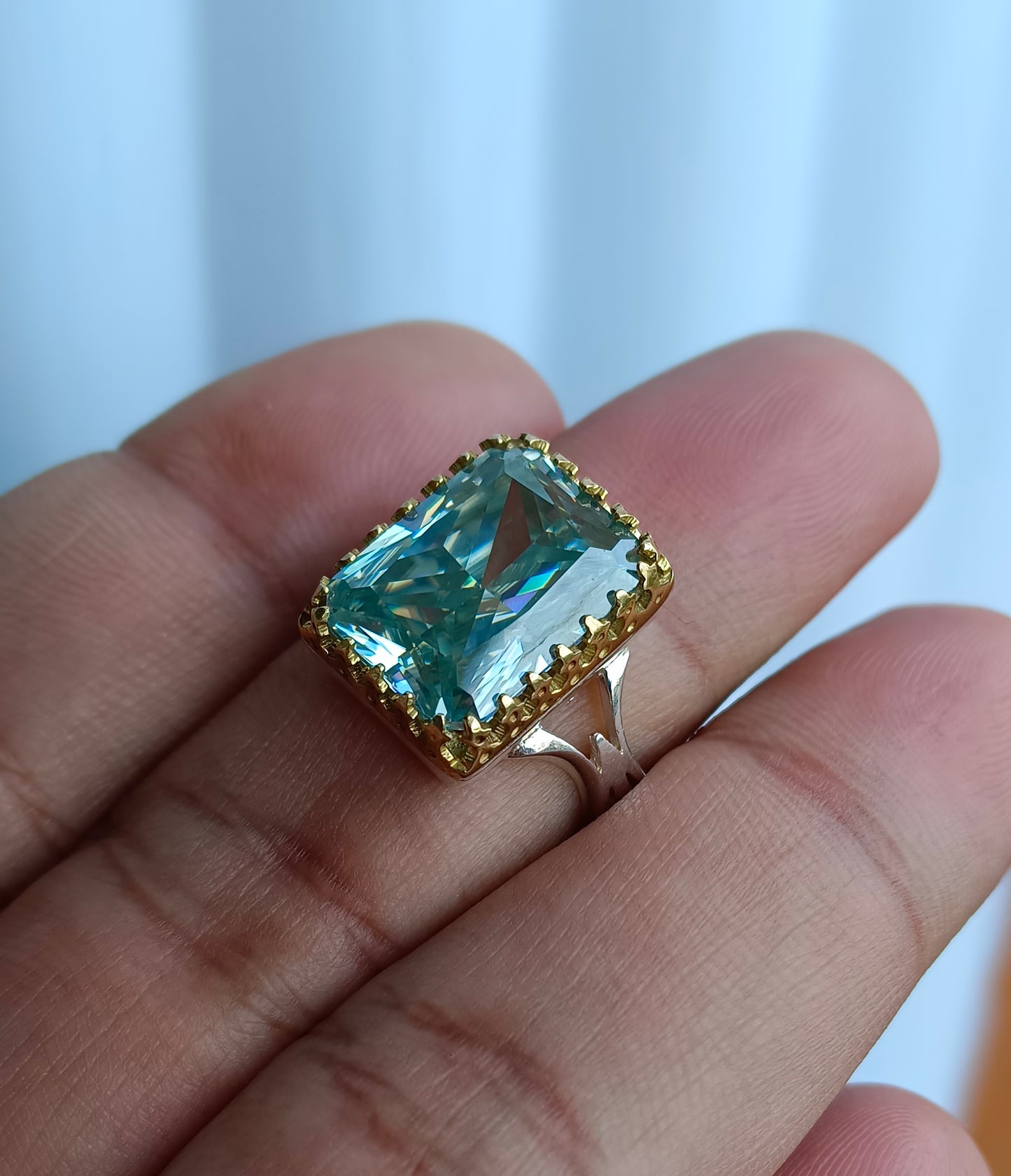 Aqua Color Moissanite diamond 12 CRT Ring in vintage Style Pure Silver