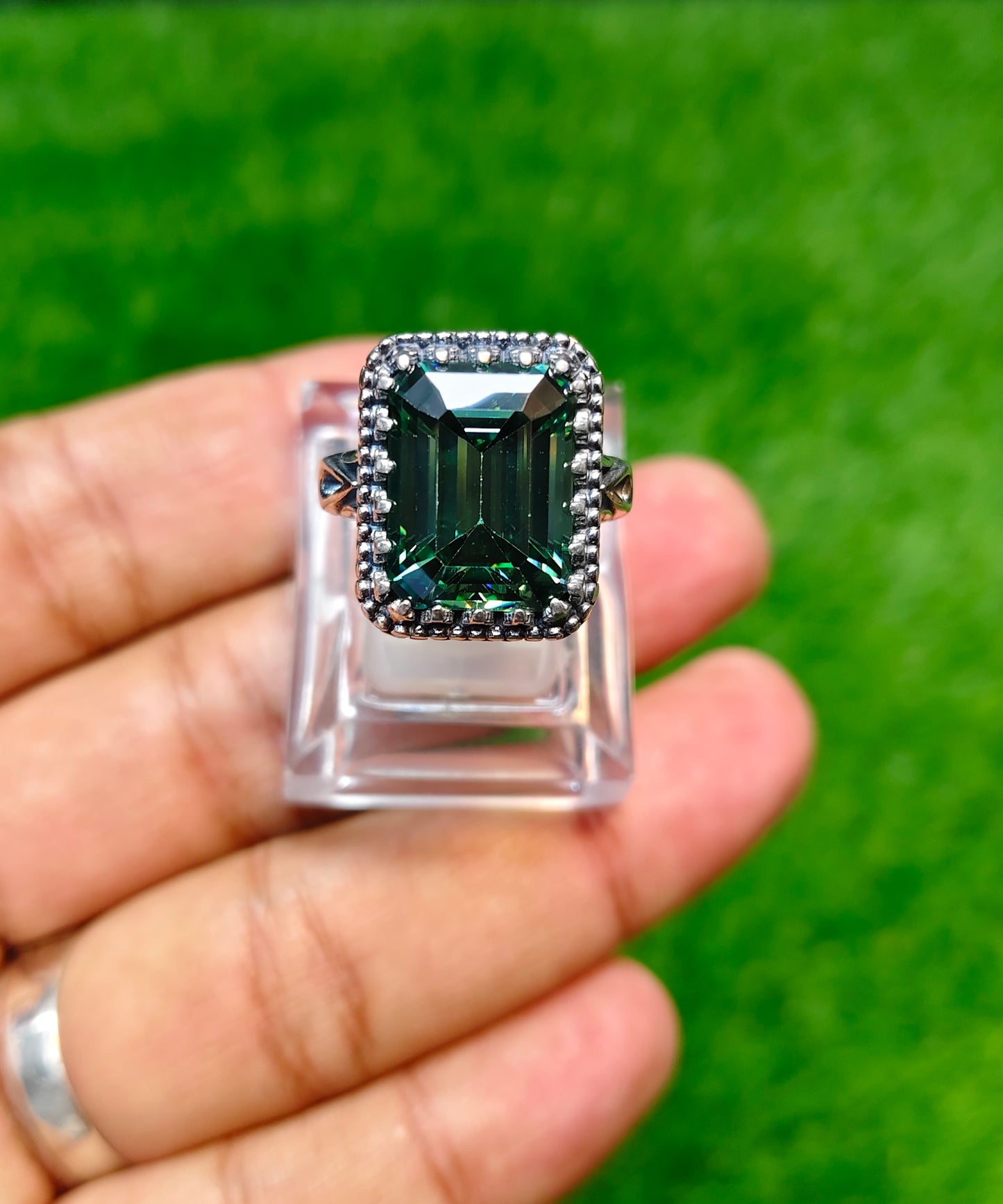 Emerald Cut Green Moissanite Diamond Ring