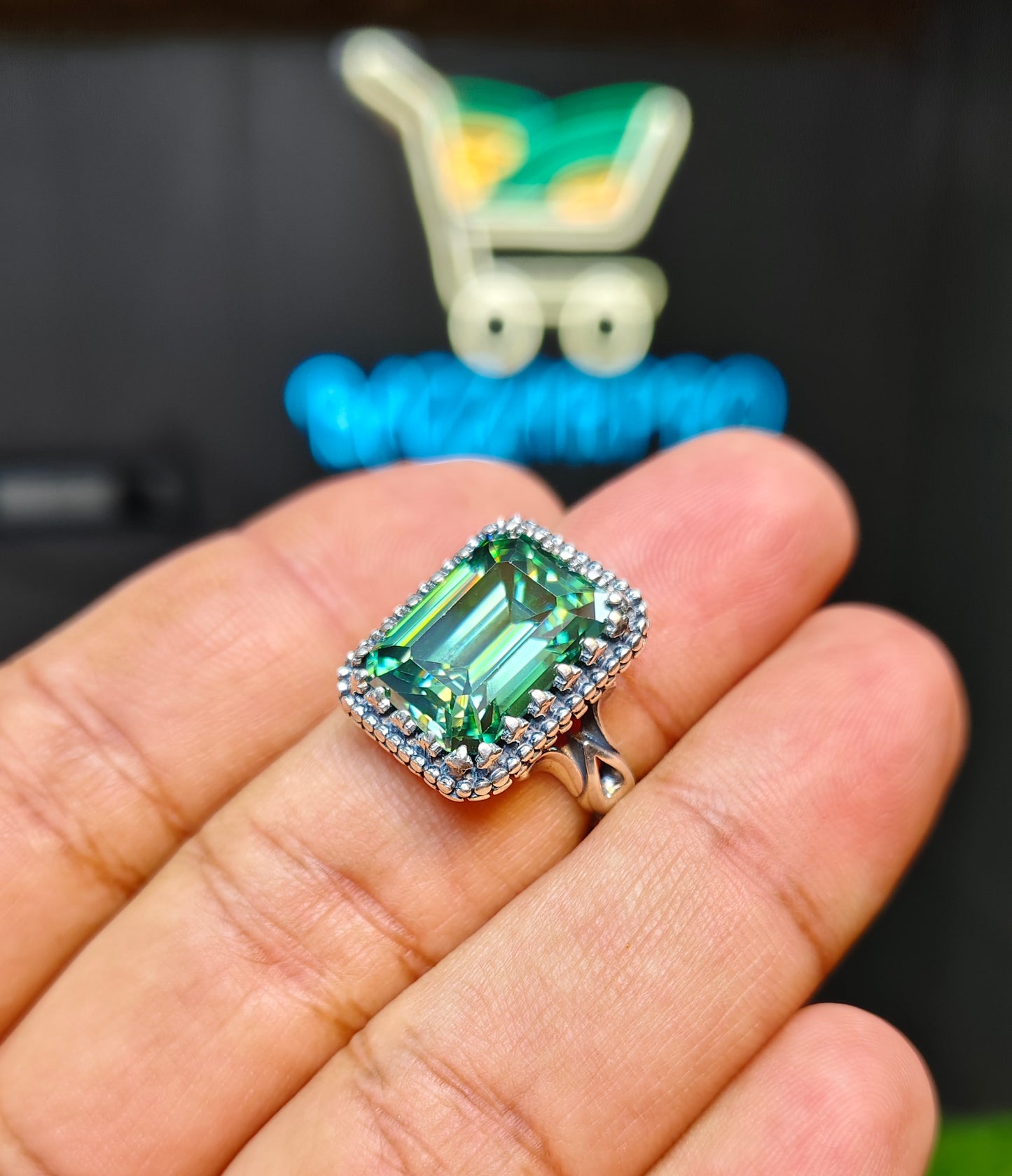 Emerald Cut Green Moissanite Diamond Ring