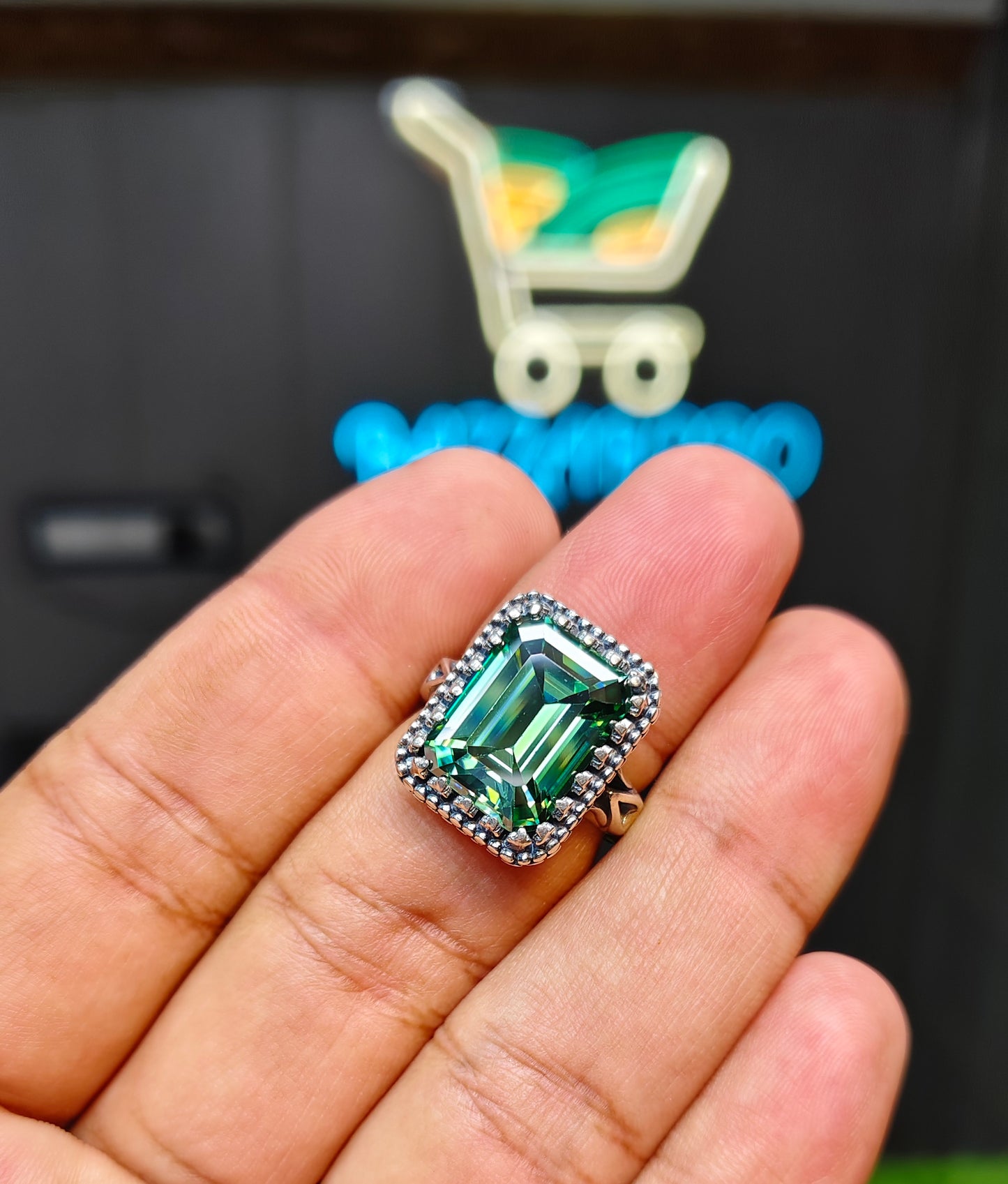 Emerald Cut Green Moissanite Diamond Ring