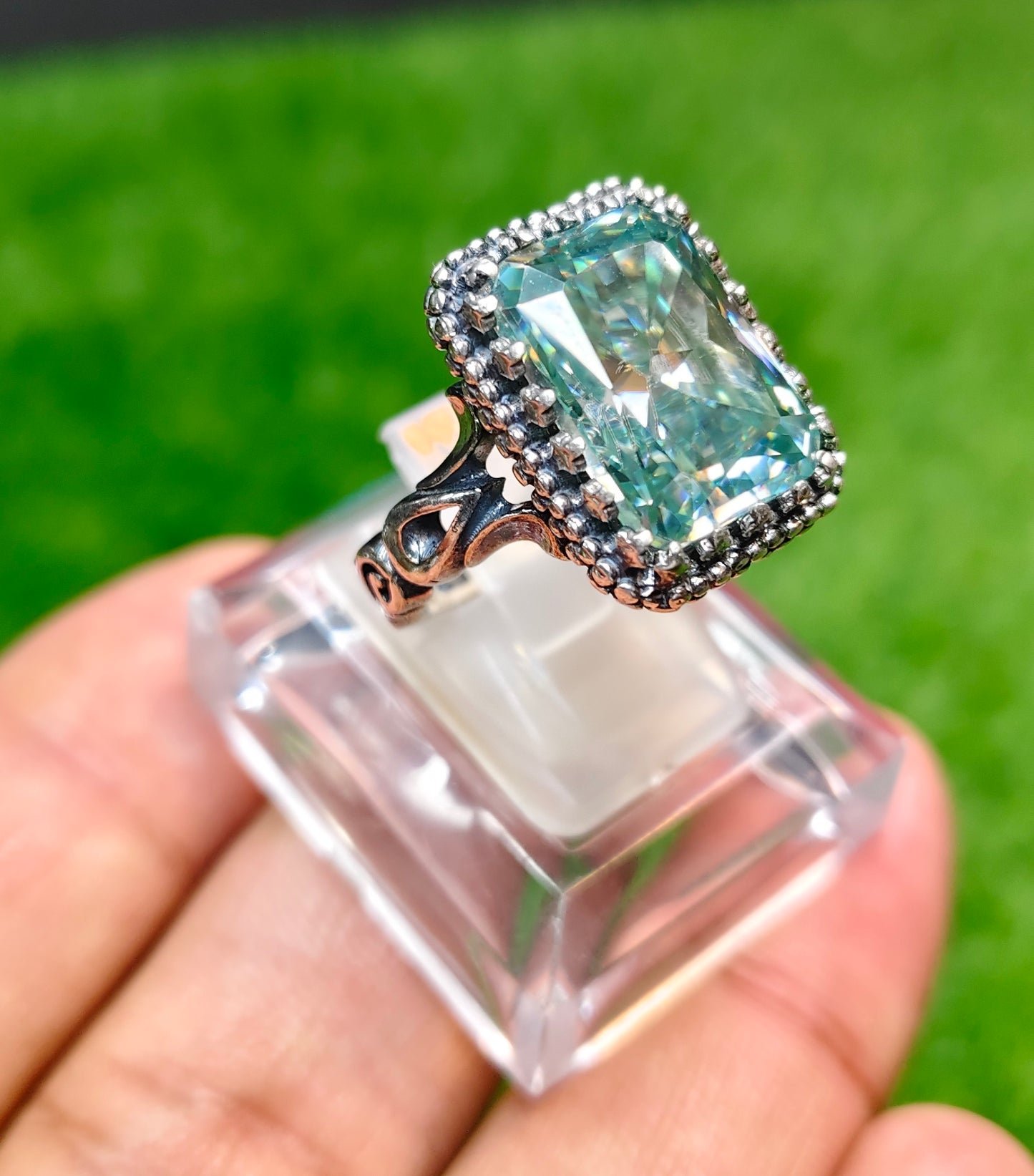 Emerald Cut Aqua Moissanite Diamond Ring