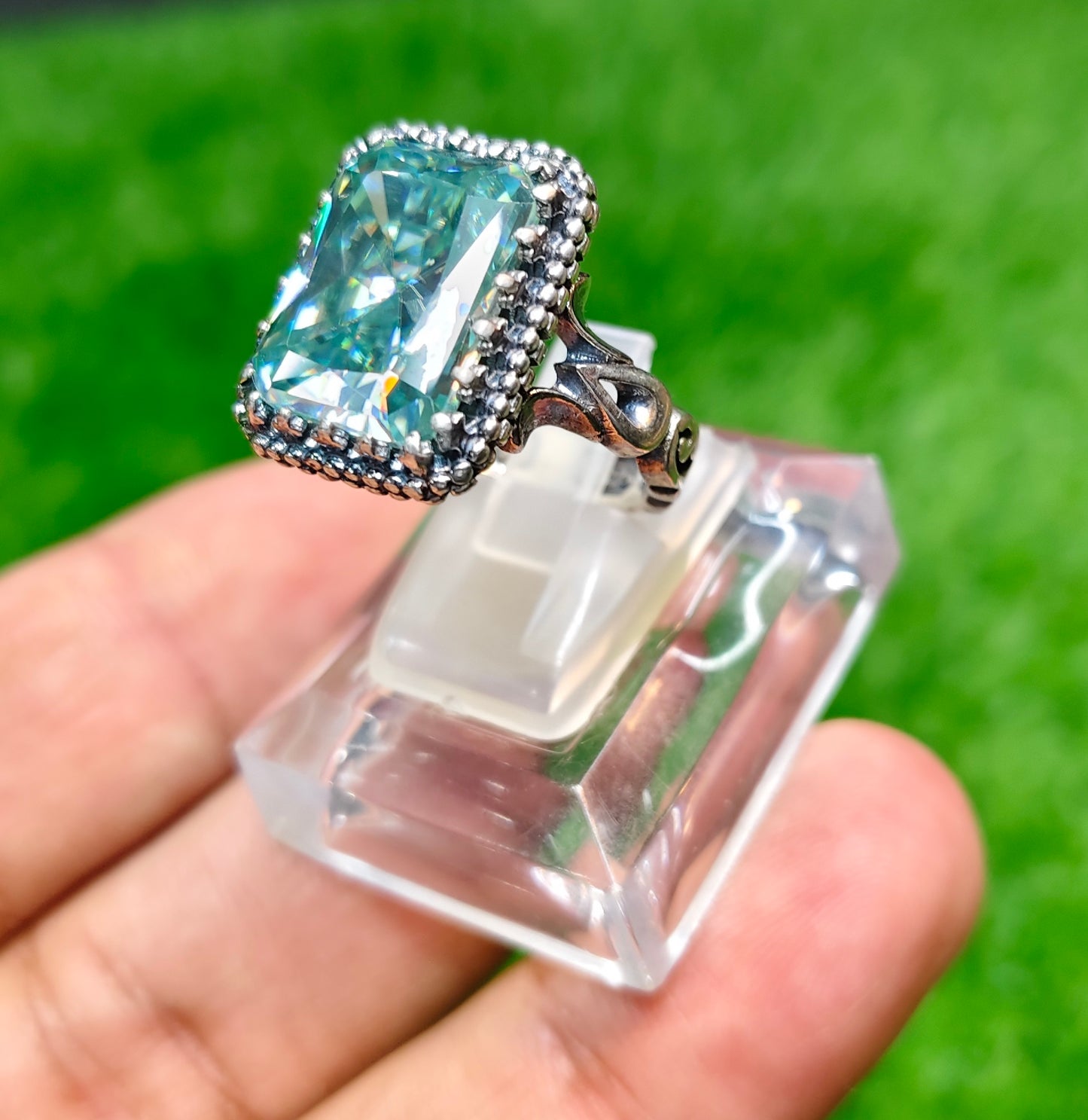 Emerald Cut Aqua Moissanite Diamond Ring