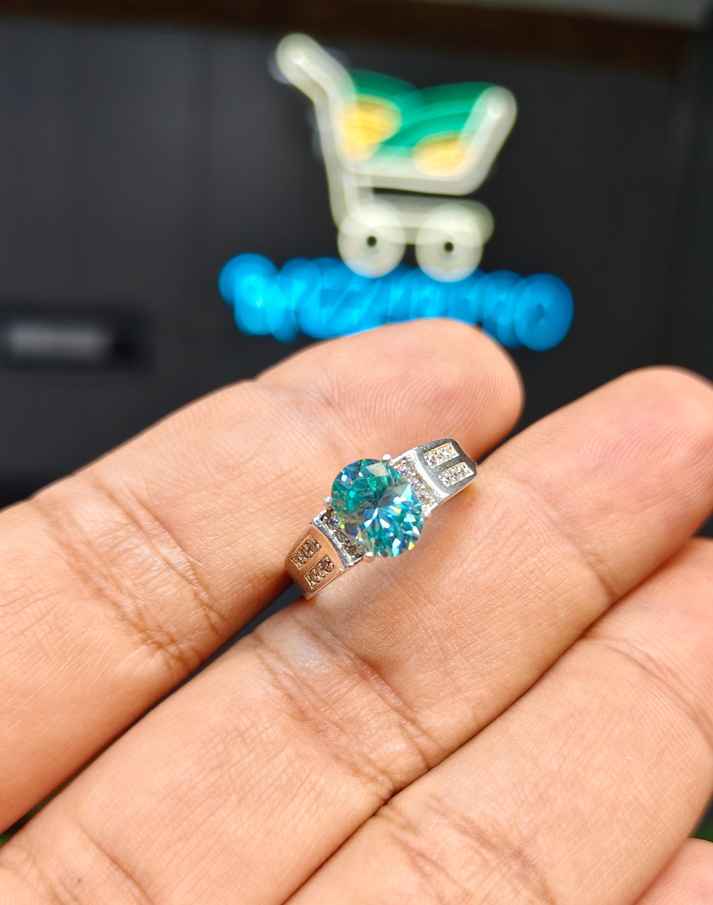 Aqua Moissanite Diamond Ring