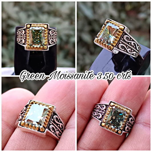 Green Moissanite diamond 3.50 CRT Ring in vintage Style Pure Silver