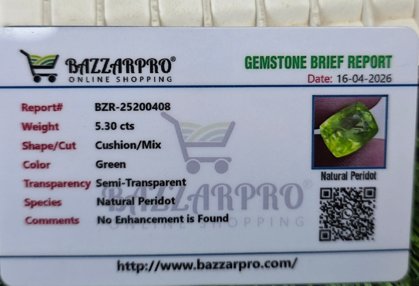 Natural Peridot Stone With Lab Certificate