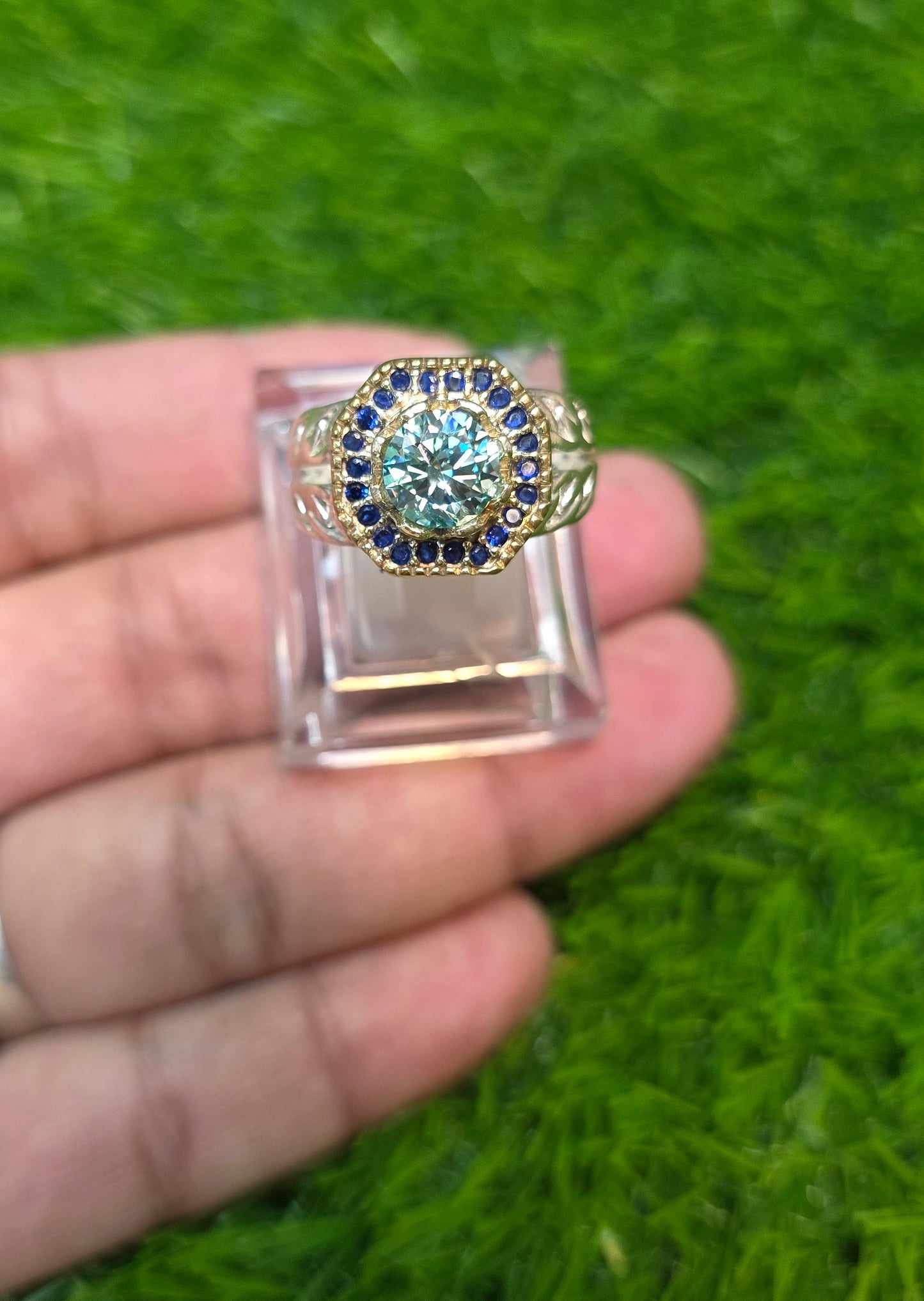 Premium Quality Vintage Style Aqua Moissanite Ring