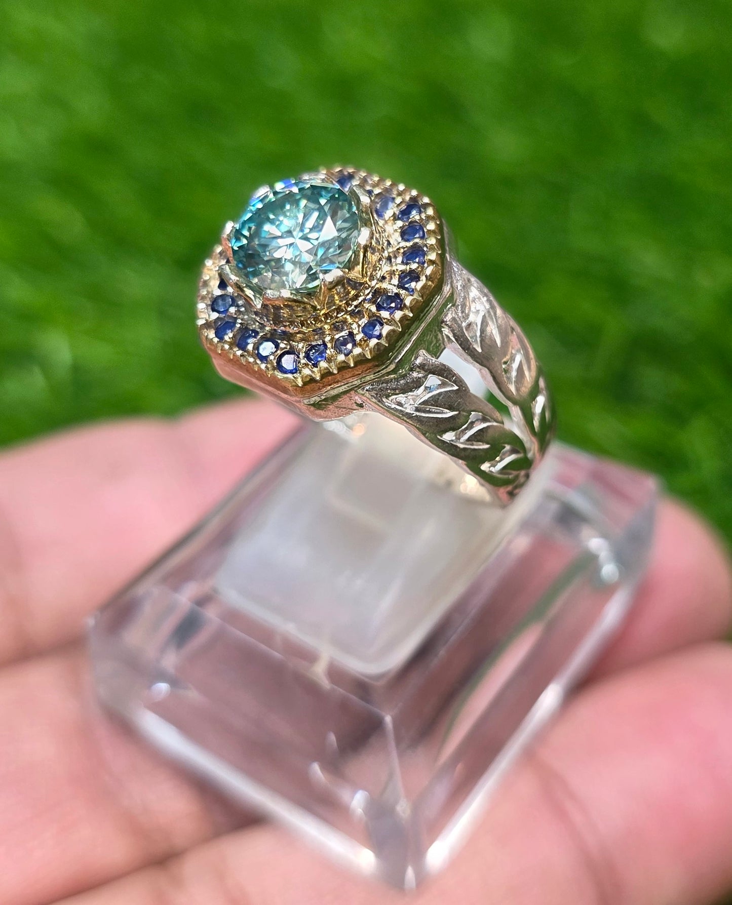 Premium Quality Vintage Style Aqua Moissanite Ring