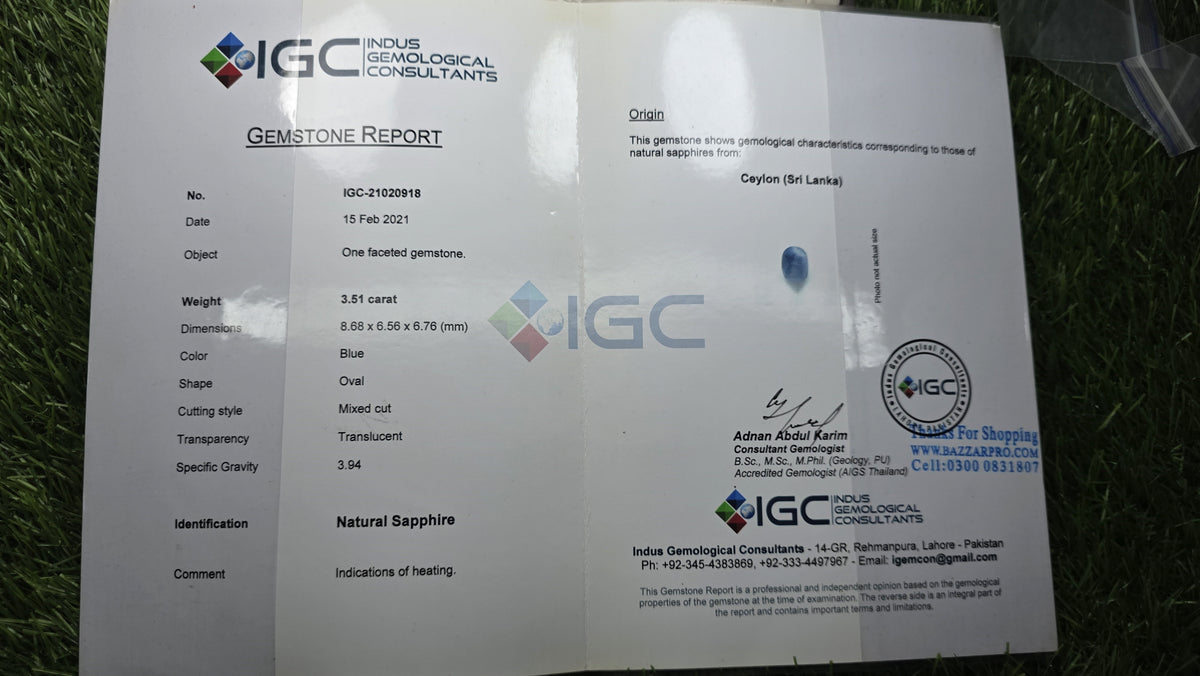 Natural Ceylon Neelam Stone With Lab Certificate