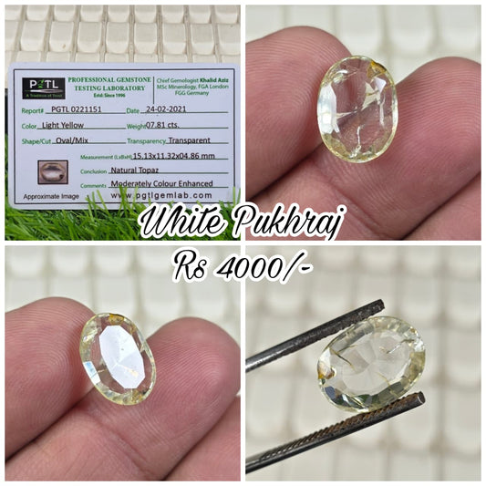 Natural White Pukhraj Stone With Lab Certificate