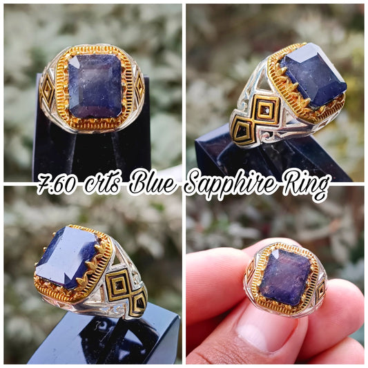 7.60 CRT Blue sapphire ring In vintage Style Pure Silver