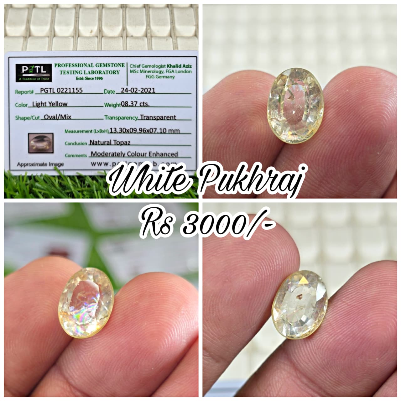 Natural White Pukhraj Stone With Lab Certificate