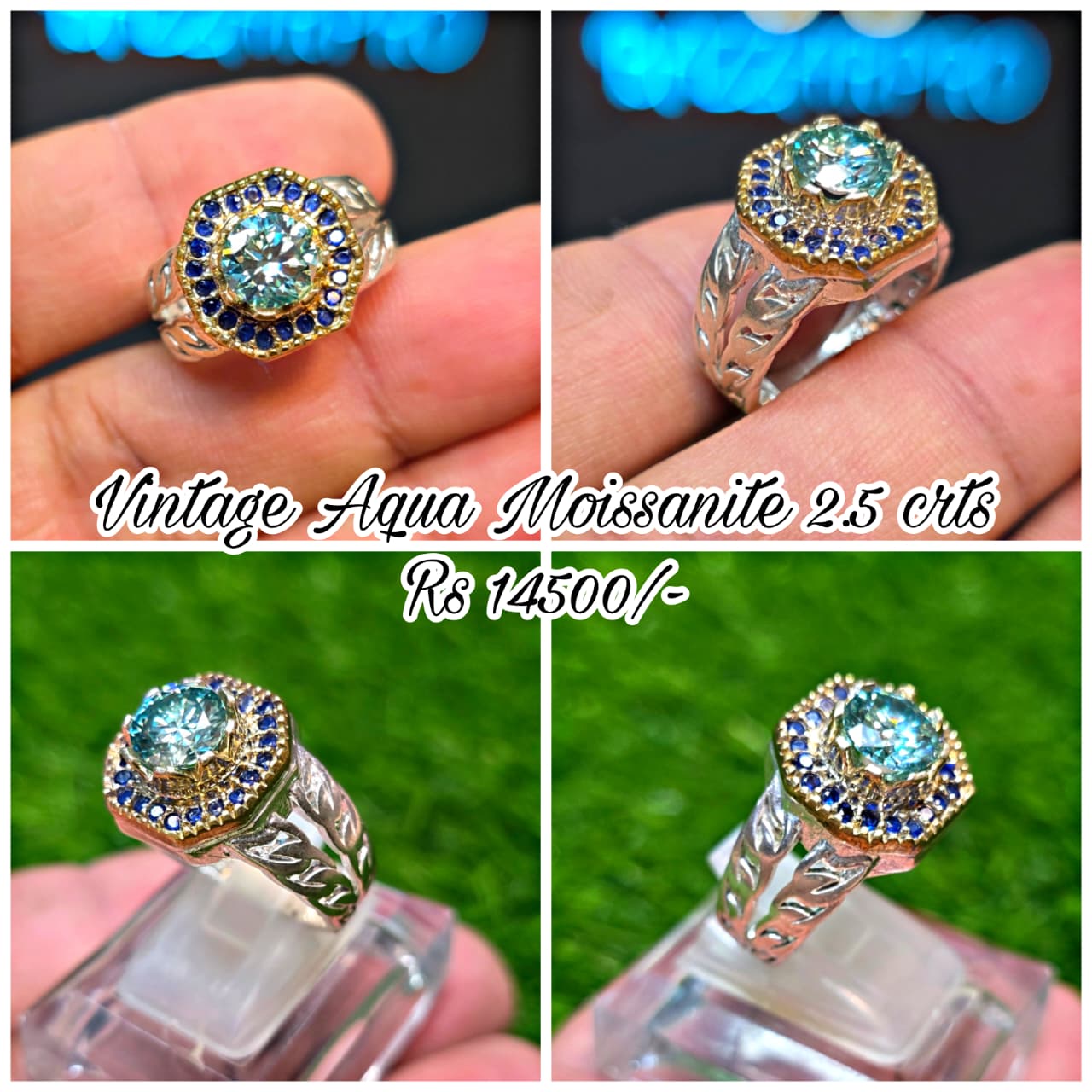 Premium Quality Vintage Style Aqua Moissanite Ring