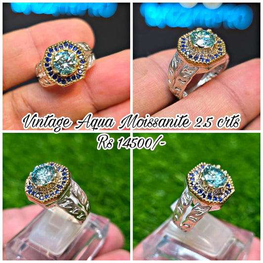 Premium Quality Vintage Style Aqua Moissanite Ring
