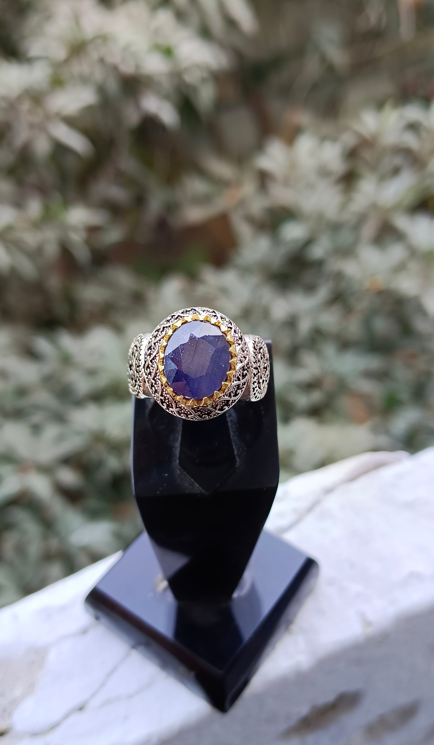 Blue Sapphire ring In vintage Style Pure Silver