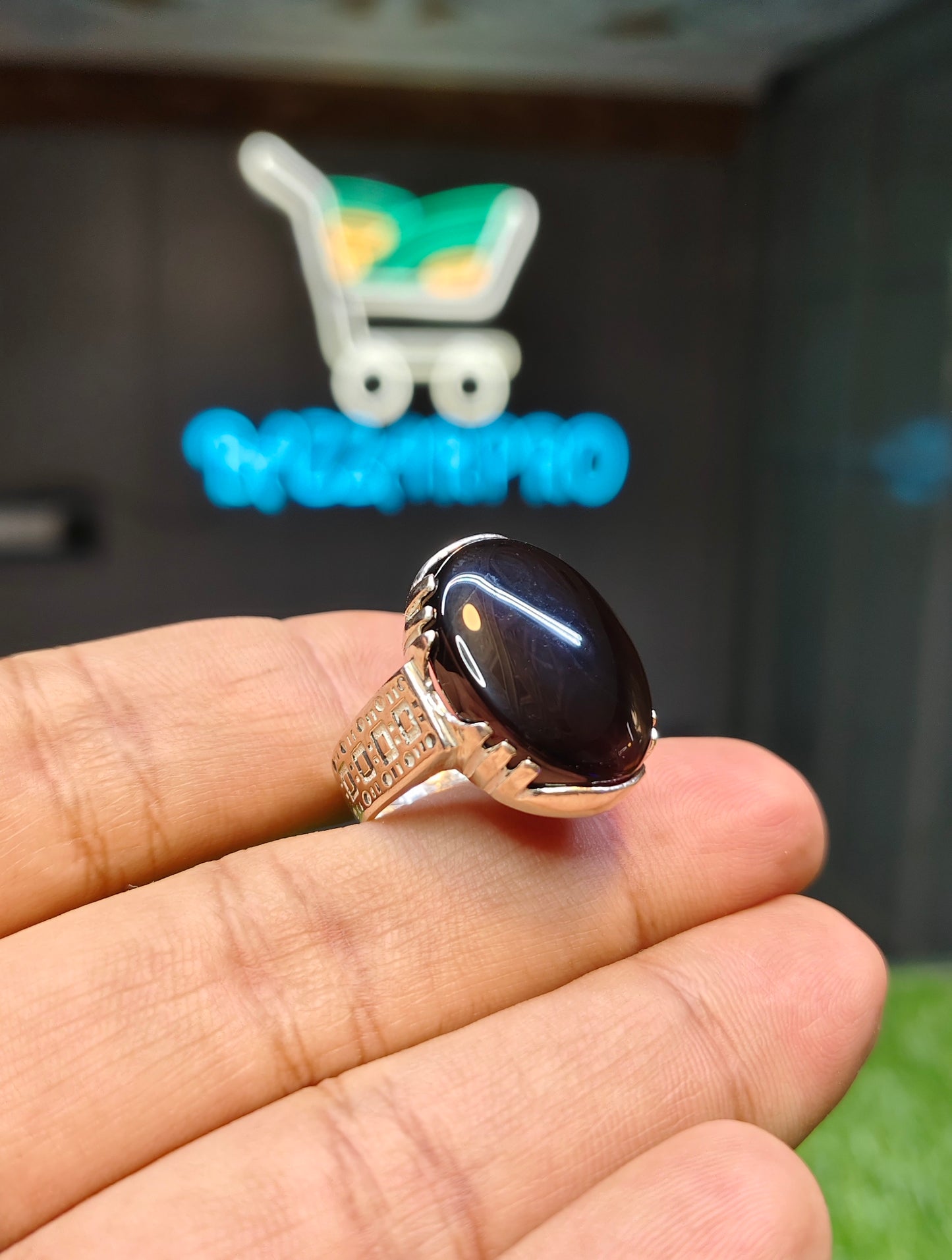 Natural Black Aqeeq Ring