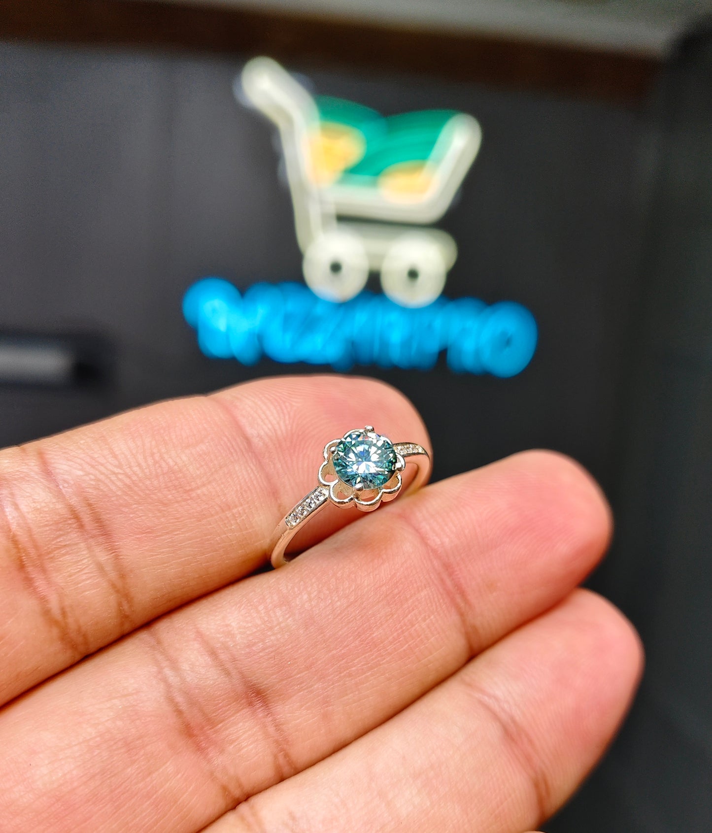 Blue Moissanite Diamond Ring