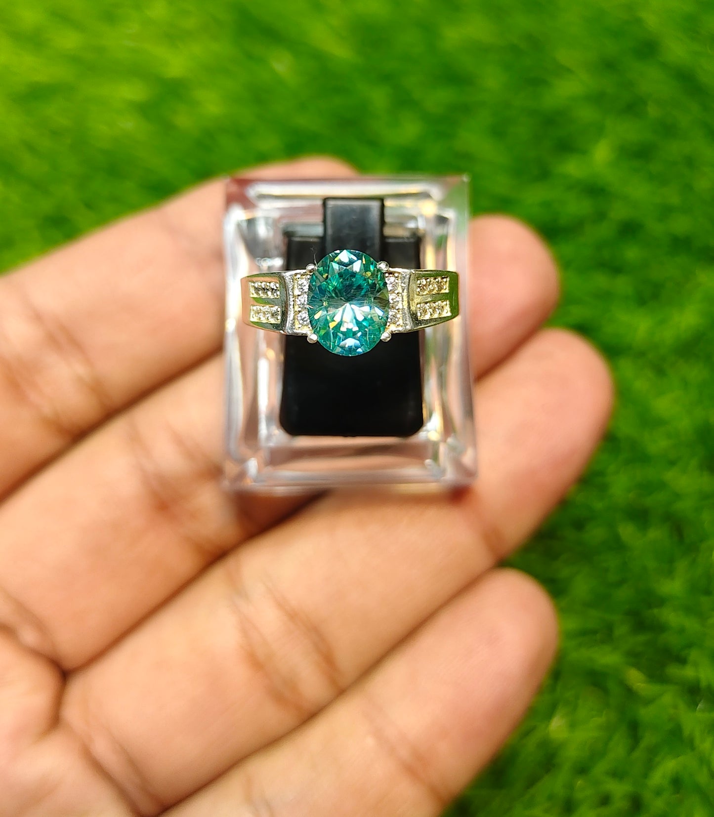 Aqua Moissanite Diamond Ring