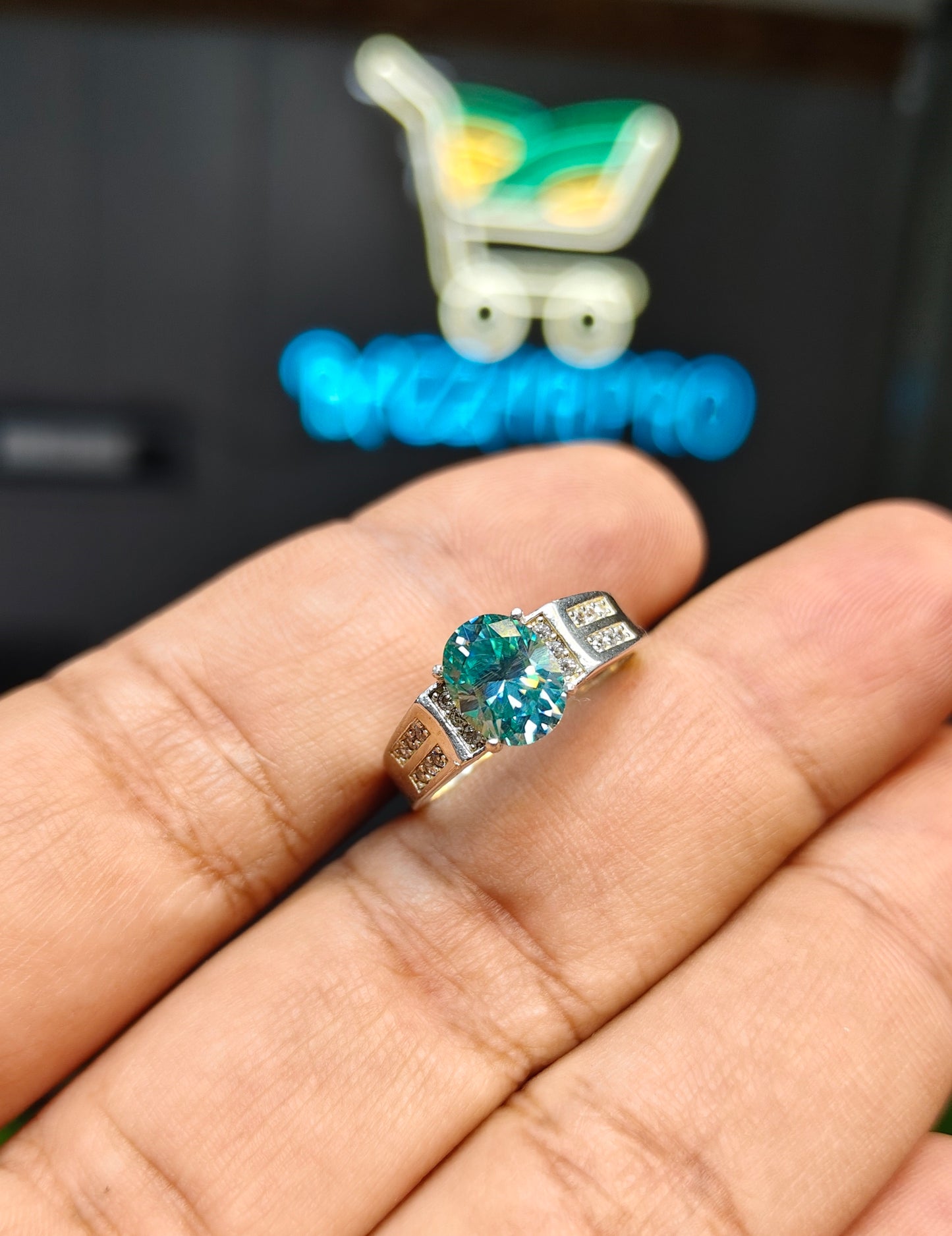 Aqua Moissanite Diamond Ring