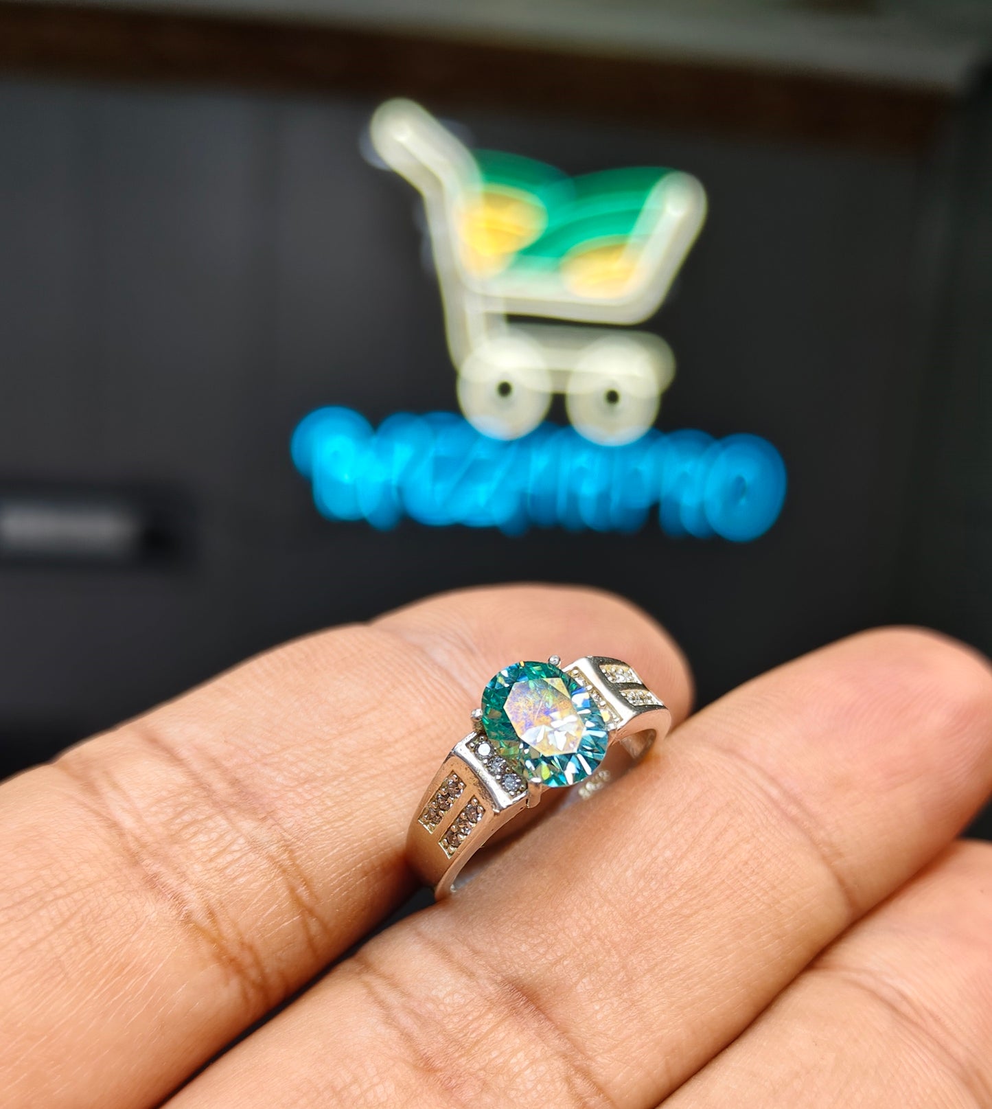Aqua Moissanite Diamond Ring