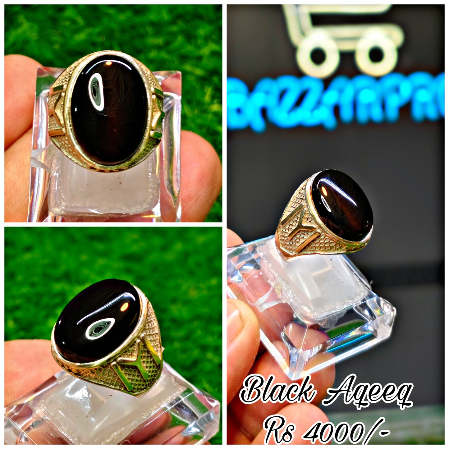 Natural Black Aqeeq Ring