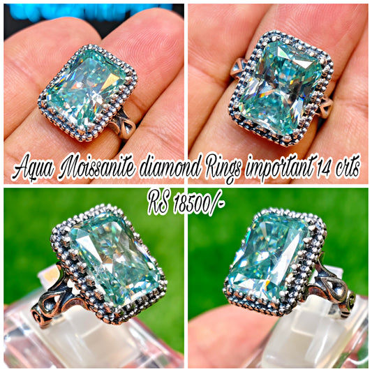 Emerald Cut Aqua Moissanite Diamond Ring